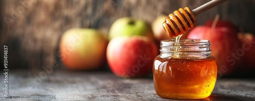 Rosh Hashanah honey jar with a wooden dipper, apples in the background, rich and inviting textures, no people, Rosh Hashanah honey, sweet new year photo