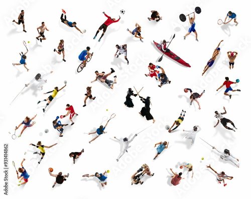 Wallpaper Mural Collage. Multiple athletes, men and women of different sports in motion isolated on white background. Top view. Concept of sport, diversity, competition, games, tournament Torontodigital.ca