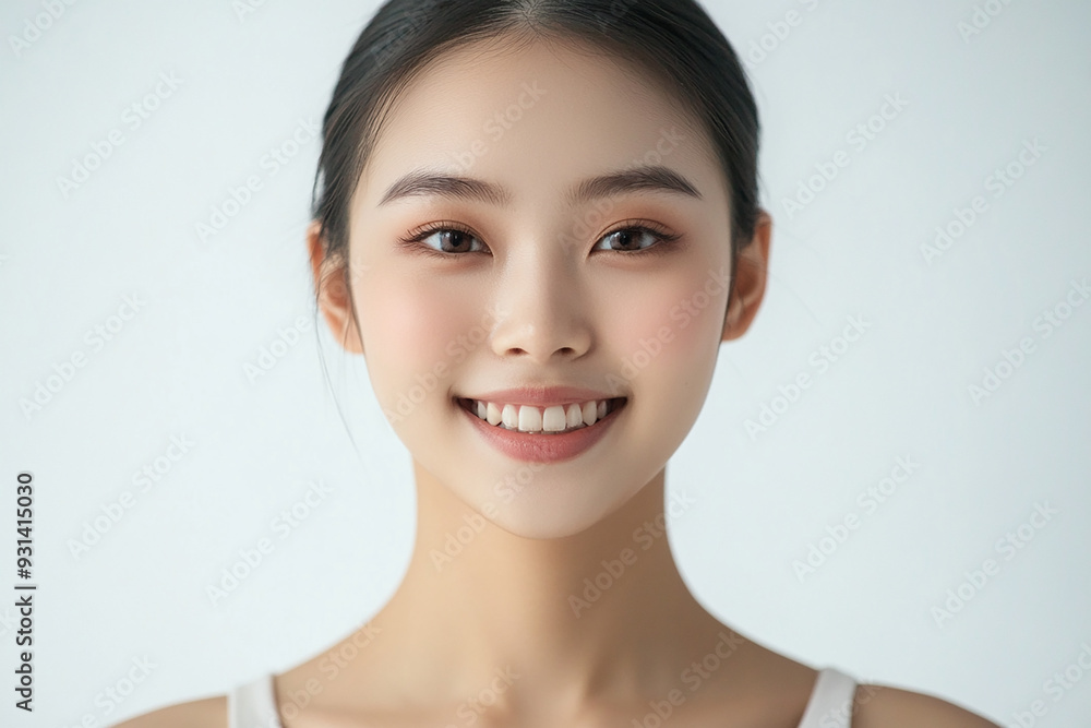 Asian woman positive smile on white background, beauty positive smile