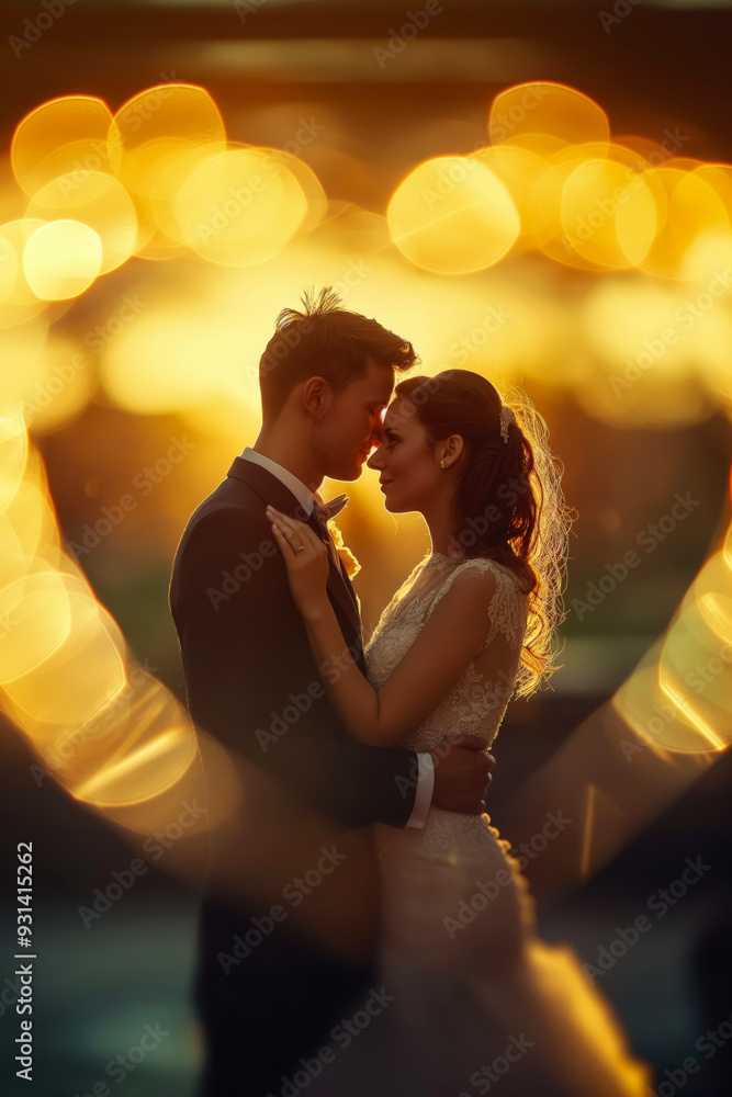 Bride and groom at the wedding. Bride and groom with heart shaped bokeh Bride and groom at the wedding. Bride and groom with heart shaped bokeh