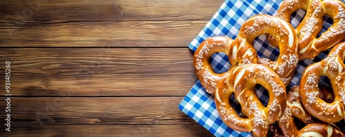 Freshly baked pretzels on rustic wooden table, blue and white checkered cloth accent, simple and traditional Oktoberfest theme, no people, Oktoberfest snacks, Bavarian bread photo