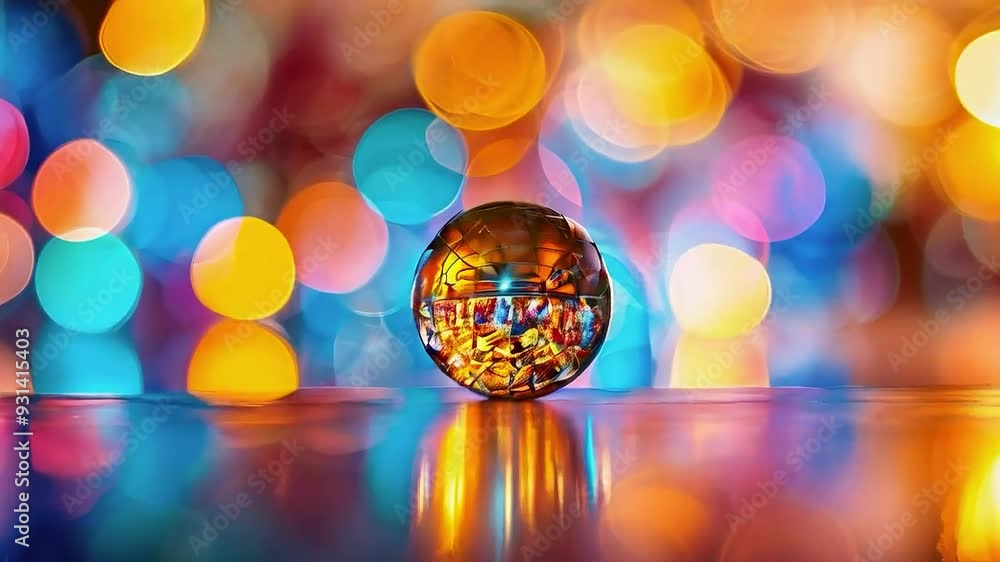 A shiny gold ball sits on a table , surrounded by multicolored lights A shiny gold ball sits on a table , surrounded by multicolored lights