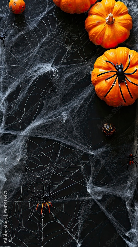 Happy halloween flat lay mockup with spiders, decoration and spider web on black background Happy halloween flat lay mockup with spiders, decoration and spider web on black background