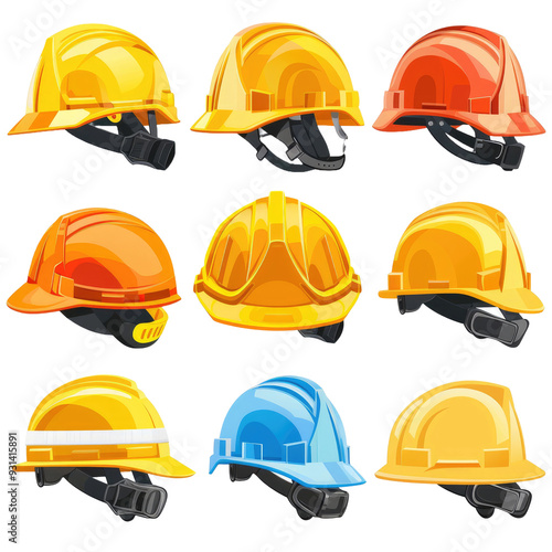 set collection of firema modern yellow hard hat protective safety helmet with drop shadow isolated on white background