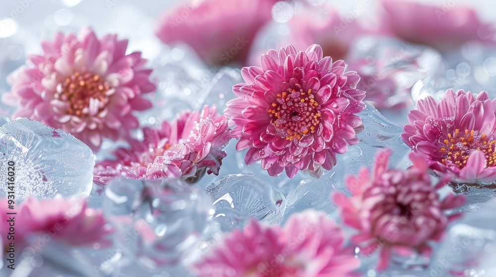 Pink Flowers Surrounded by Ice and Water Droplets Pink Flowers Surrounded by Ice and Water Droplets