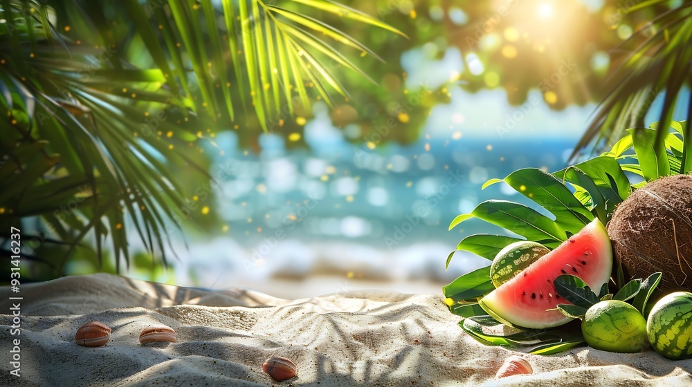 Obraz premium The photo of front view with summer beach background a fine sand has sunshine and contains tropical fruits and plants such as watermelon coconut tree monstera leaves Blank space for de : Generative AI