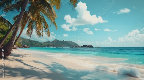 Vacation summer holidays background wallpaper  sunny tropical Caribbean paradise beach with white sand in Seychelles Praslin island Thailand style with palms : Generative AI photo