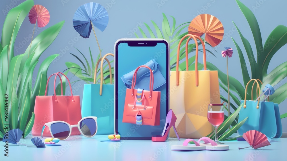 Online shopping template via smartphone application. Summer holiday theme illustration for promotion on web shopping platform. Summer sale concept design of online shopping. Online shopping template via smartphone application. Summer holiday theme illustration for promotion on web shopping platform. Summer sale concept design of online shopping.