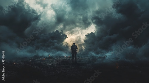 Wallpaper Mural A person standing in a chaotic, smoke-filled battlefield with dark, ominous clouds overhead, dynamic and intense lighting, expressive and turbulent artistic style, mood of fighting against Torontodigital.ca