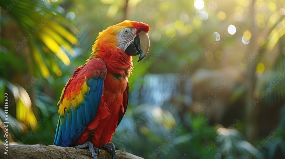 Obraz premium Scarlet Macaw Perched on a Branch in Lush Green Foliage