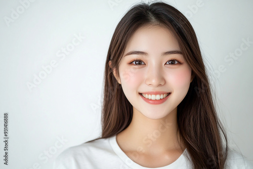 Asian woman positive smile on white background, beauty positive smile