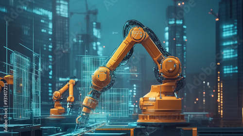 AI-powered autonomous construction site with robots building infrastructure, featuring advanced robotic machinery, intelligent systems, and real-time data processing to efficiently construct buildings