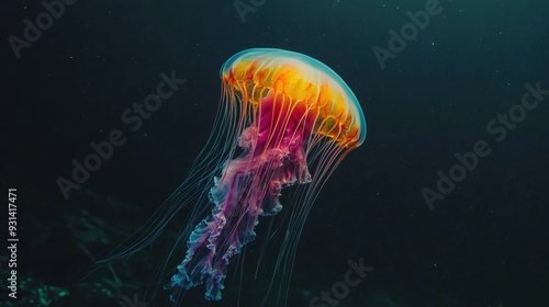 A vibrant jellyfish floating gracefully in deep water.