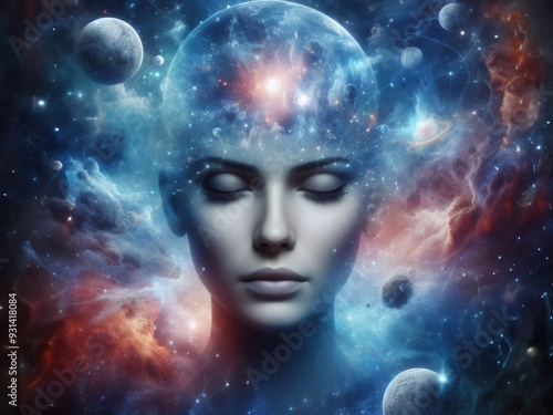 Human mind abstract space science head background. Brain face sky idea universe thought psychology.