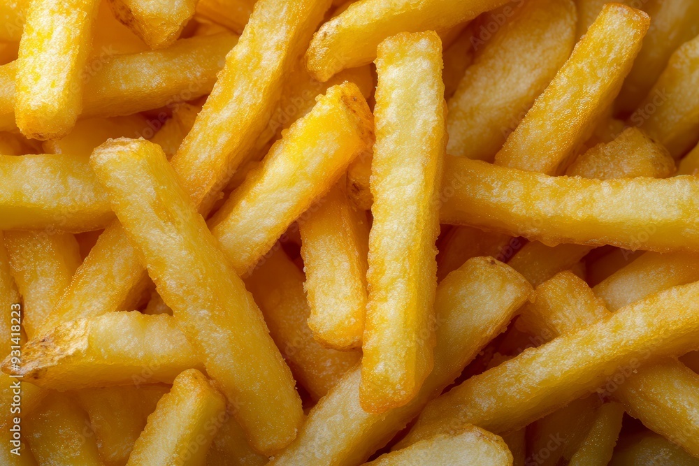 Close-up of golden, crispy French fries, ideal for food-related designs and concepts emphasizing comfort food, snacks, and fast food. Close-up of golden, crispy French fries, ideal for food-related designs and concepts emphasizing comfort food, snacks, and fast food.