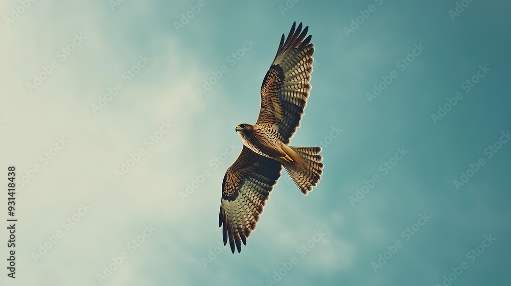Hawk soaring against a blue sky with scattered clouds during a sunny day Hawk soaring against a blue sky with scattered clouds during a sunny day