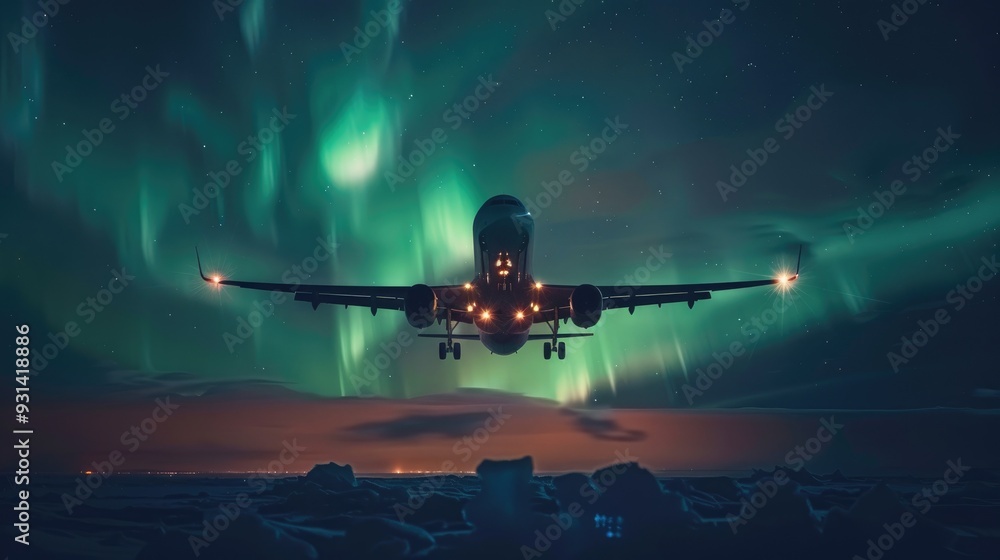 Airplane Flying Through the Northern Lights Airplane Flying Through the Northern Lights