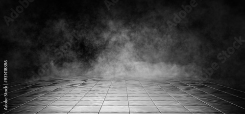 Fototapeta Naklejka Na Ścianę i Meble -  Dark empty street with wet tiles. Cement floor with fog and smoke. Black background. Smoke or fog on dark wet tiles background. Dark street with fog or smoke. 3D rendering.