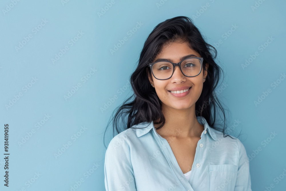 A beautiful Indian woman wearing glasses smiles and poses on light blue background. A beautiful Indian woman wearing glasses smiles and poses on light blue background.
