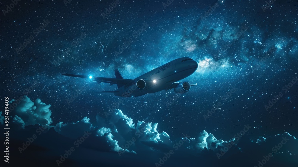 Airplane Flying Through a Starry Night Sky with Clouds Airplane Flying Through a Starry Night Sky with Clouds