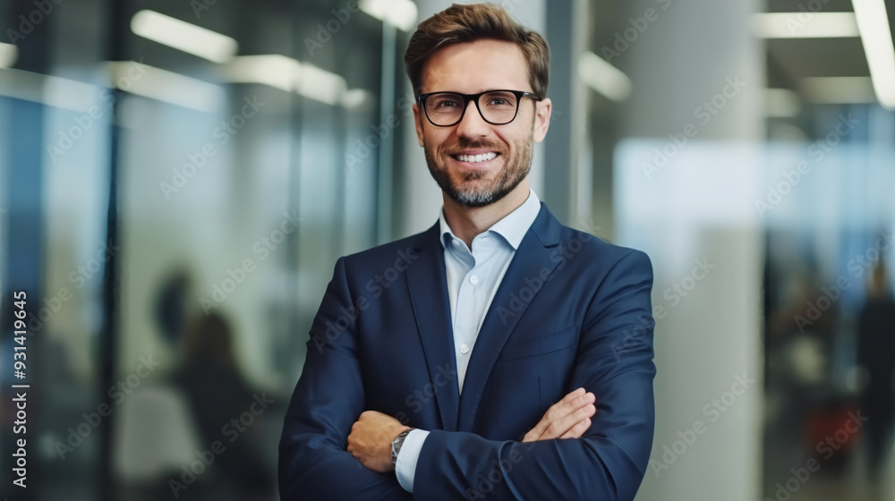 Fototapeta premium A portrait of an attractive businessman in his late thirties, wearing glasses and having short brown hair.