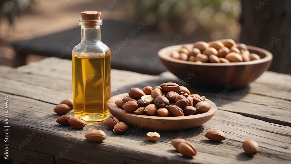 International Day of Argania, a bottle of argan oil and nuts placed on a wooden table in outdoor International Day of Argania, a bottle of argan oil and nuts placed on a wooden table in outdoor
