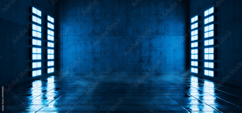 Naklejka premium Garage background. Dark empty warehouse. Blue led spotlights on hangar walls with metal tiles. Futuristic warehouse. Industrial background. Futuristic corridor. 3d render.