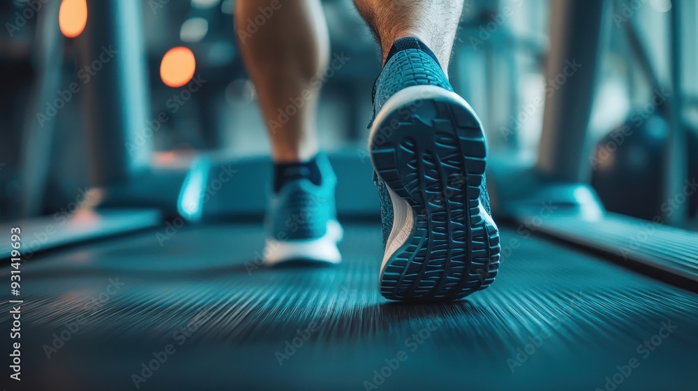 Naklejka premium Young man athlete shoes running in treadmill 