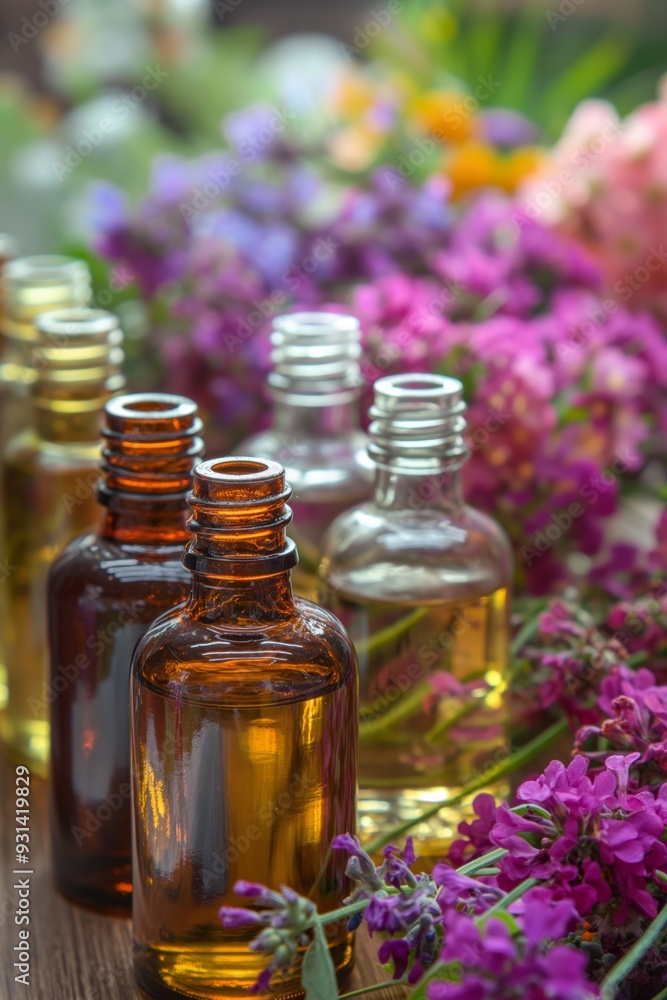 A row of six bottles of essential oils are lined up on a table with flowers in the background A row of six bottles of essential oils are lined up on a table with flowers in the background