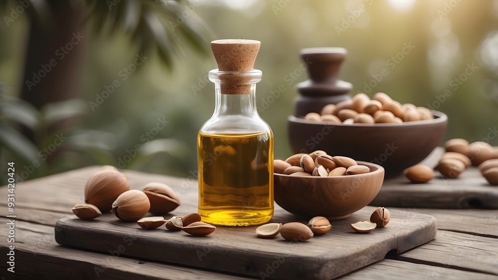 International Day of Argania, a bottle of argan oil and nuts placed on a wooden table in outdoor International Day of Argania, a bottle of argan oil and nuts placed on a wooden table in outdoor