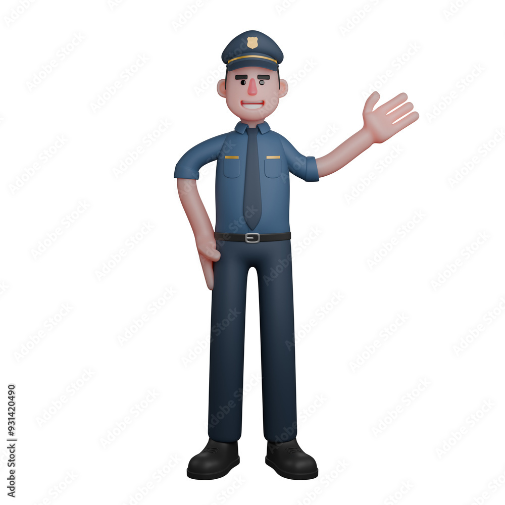 Male Police 3D Illustration. A police officer is waving with a friendly and approachable expression. Professional Male Police 3D Illustration. A police officer is waving with a friendly and approachable expression. Professional