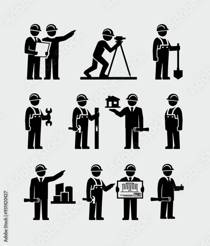 Construction Builder Engineer Worker Architect Working Vector Icons