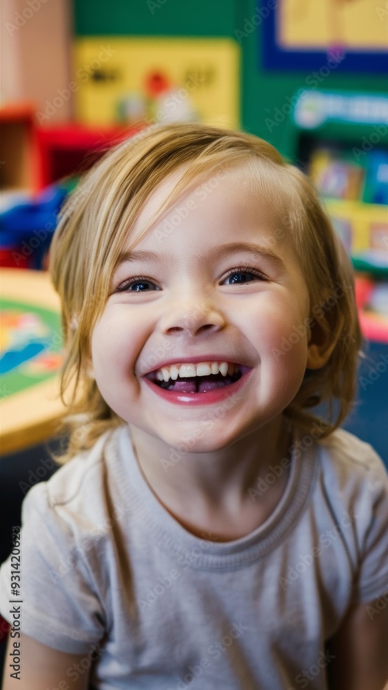 Portrait of a happy, smiling preschool child in a colorful kindergarten setting, radiating joy and excitement in a playful environment. Portrait of a happy, smiling preschool child in a colorful kindergarten setting, radiating joy and excitement in a playful environment.