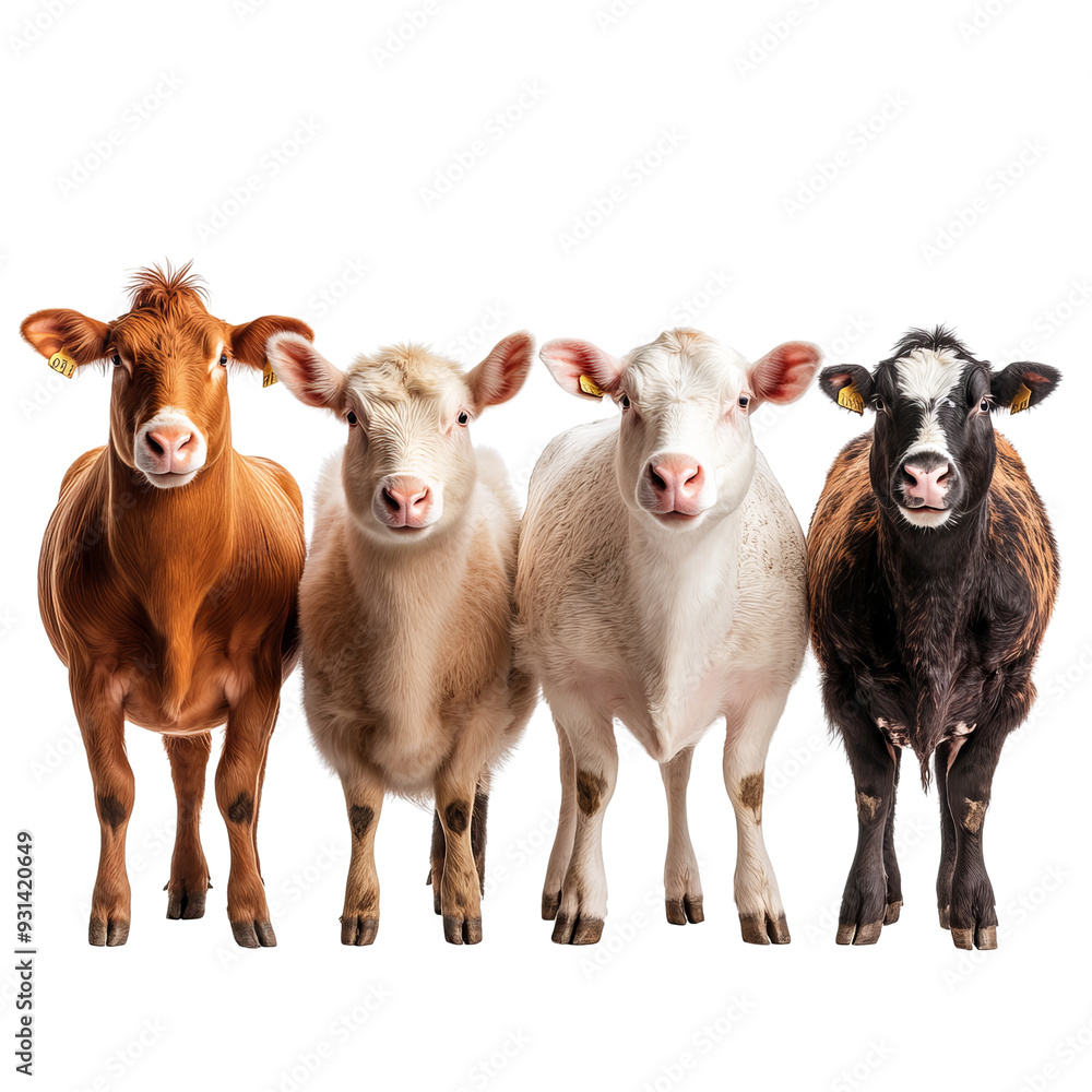 Fototapeta premium Four adorable cows standing side by side, showcasing a variety of colors and breeds in a charming farmyard setting.