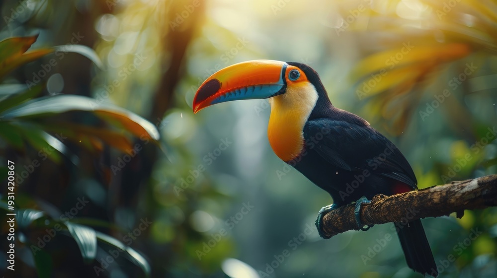 Obraz premium A Vibrant Toucan Perched on a Branch in a Lush Tropical Forest