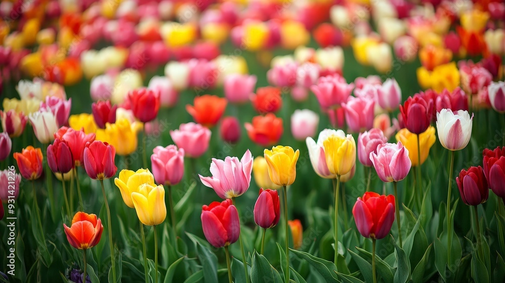 A field of tulips in full bloom, stretching as far as the eye can see. The flowers are arranged in neat rows, showcasing a spectacular array of colors, from deep reds A field of tulips in full bloom, stretching as far as the eye can see. The flowers are arranged in neat rows, showcasing a spectacular array of colors, from deep reds