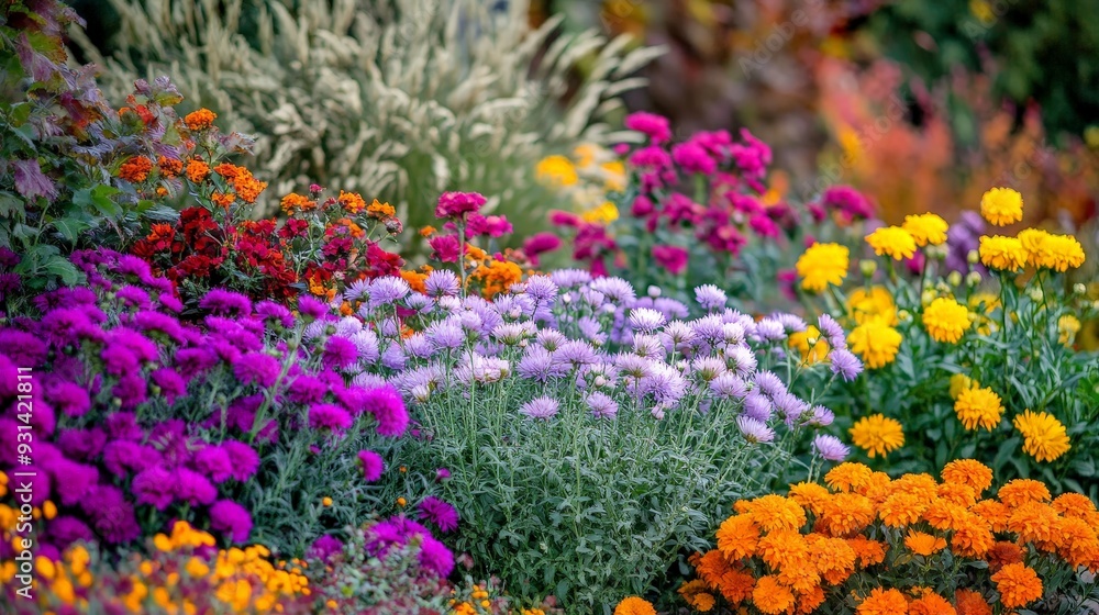 A garden featuring a mix of autumn flowers, such as asters, chrysanthemums, and marigolds. The colors are rich and warm, reflecting the changing seasons and adding a cozy feel to the garden A garden featuring a mix of autumn flowers, such as asters, chrysanthemums, and marigolds. The colors are rich and warm, reflecting the changing seasons and adding a cozy feel to the garden
