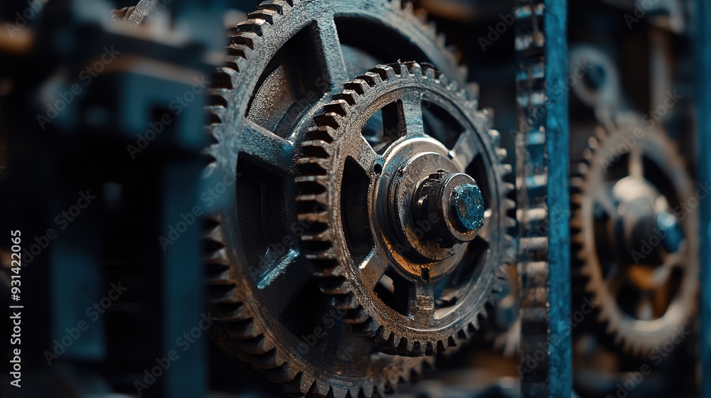 Close-up of intricate metal gears in a vintage machine illuminated by warm light in a workshop setting Close-up of intricate metal gears in a vintage machine illuminated by warm light in a workshop setting