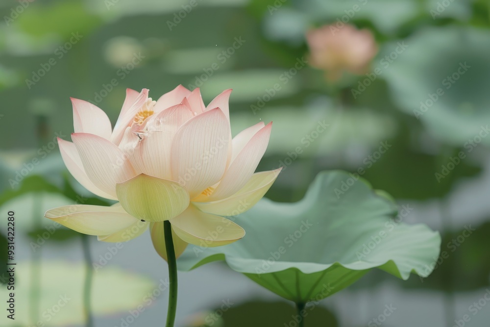 A single lotus flower emerging from a pond, its pale pink petals and green leaves creating a tranquil scene. A single lotus flower emerging from a pond, its pale pink petals and green leaves creating a tranquil scene.