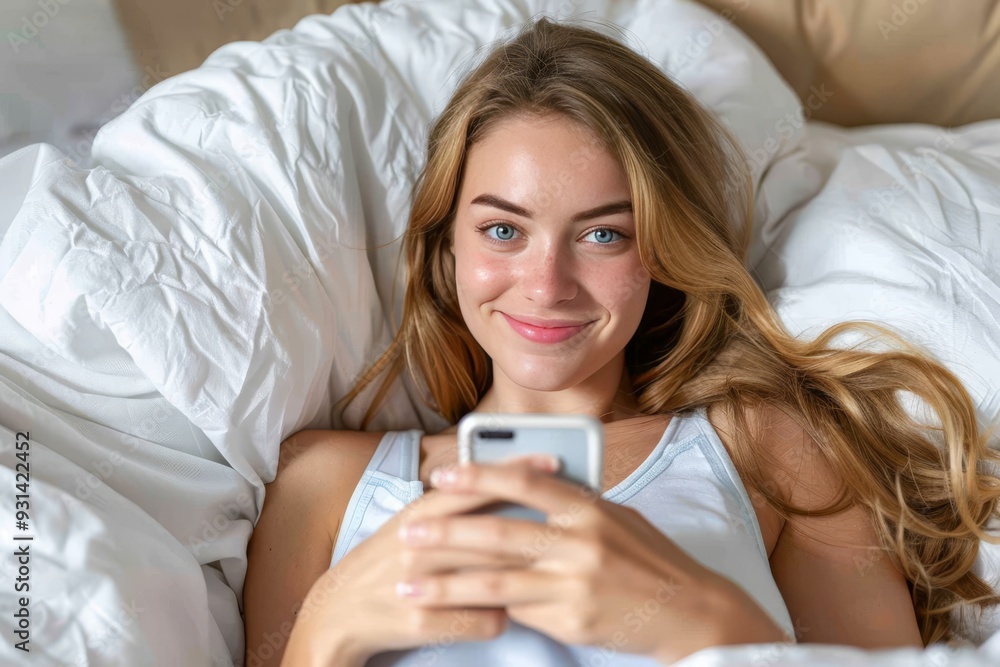 Happy Young Woman Lying in Bed, Using Smartphone, Scrolling Social Media and Smiling. Happy Young Woman Lying in Bed, Using Smartphone, Scrolling Social Media and Smiling.