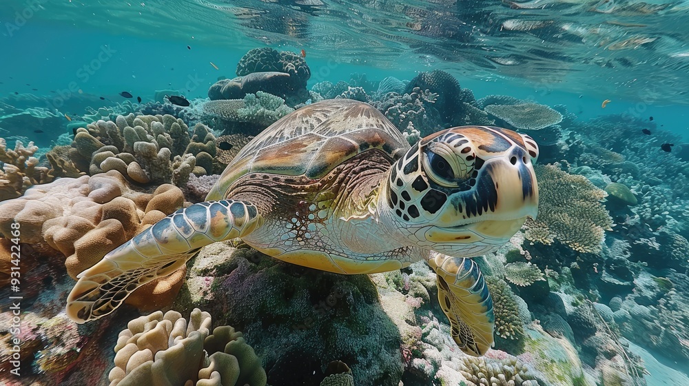 Fototapeta premium A Green Sea Turtle Swimming Through Coral Reefs