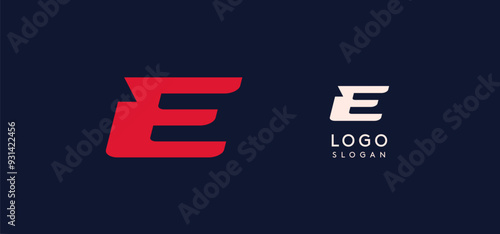 Wide bold red letter E, modern dynamic logo for business identity of technological, automotive and sports business. Vector illustration.