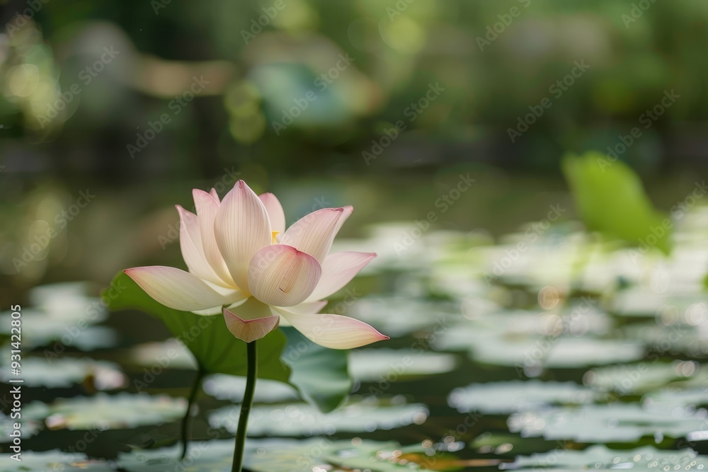 A single lotus flower emerging from a pond, its pale pink petals and green leaves creating a tranquil scene. A single lotus flower emerging from a pond, its pale pink petals and green leaves creating a tranquil scene.