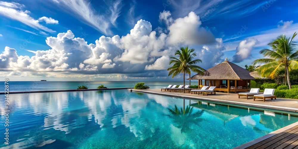 Obraz premium Tropical resort hotel in Maldives with a pool overlooking a clear blue sky dotted with fluffy white clouds, Maldives, tropical