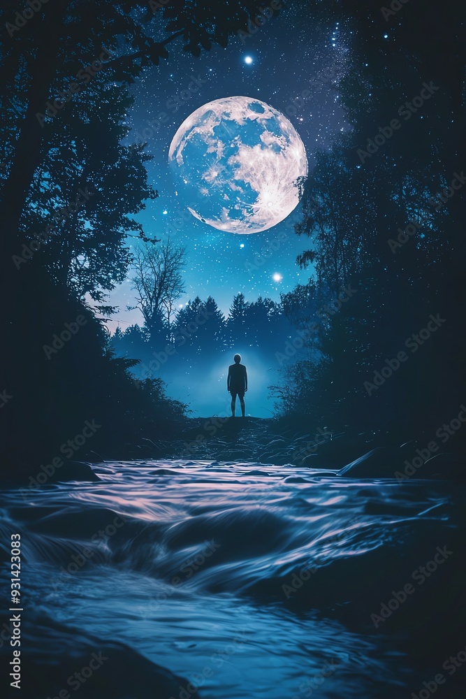 Silhouette of a man standing in a forest, looking at a giant glowing moon in the night sky. Silhouette of a man standing in a forest, looking at a giant glowing moon in the night sky.