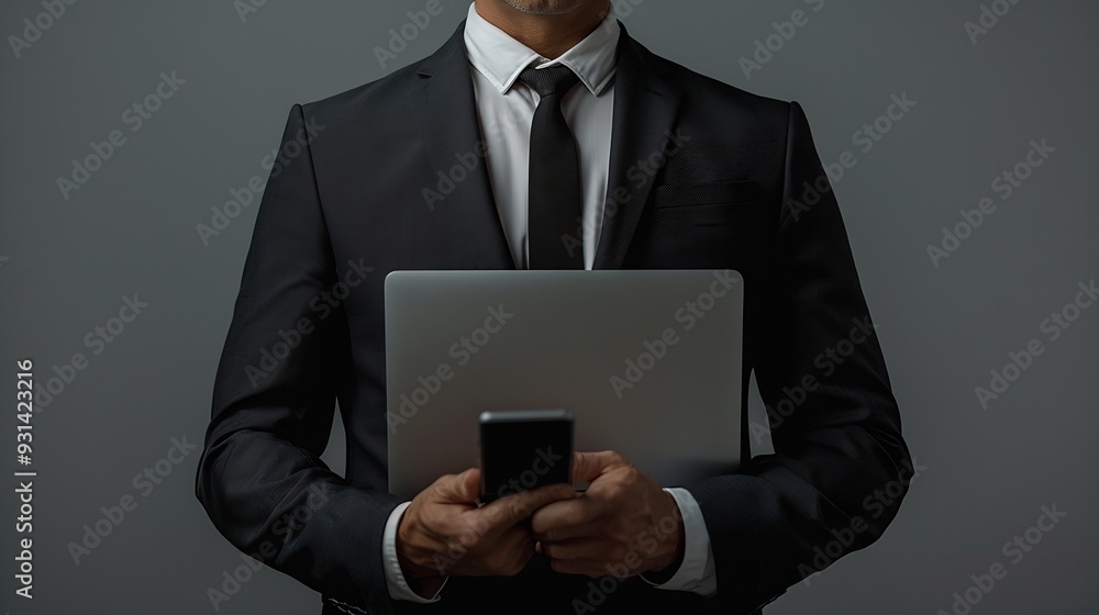 Adult employee IT business man corporate lawyer he wear classic formal black suit shirt tie work in office hold closed laptop pc computer use mobile cell phone isolated on plain grey b : Generative AI Adult employee IT business man corporate lawyer he wear classic formal black suit shirt tie work in office hold closed laptop pc computer use mobile cell phone isolated on plain grey b : Generative AI