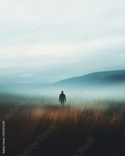 Solitary figure walking through a misty field, exploring nature's vastness.