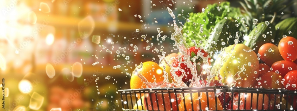 Fresh fruits and vegetables splashing in water with bright background Fresh fruits and vegetables splashing in water with bright background