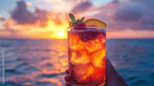 A hand holds a glass of a refreshing cocktail with fruit garnishes, silhouetted against a breathtaking sunset over the ocean photo