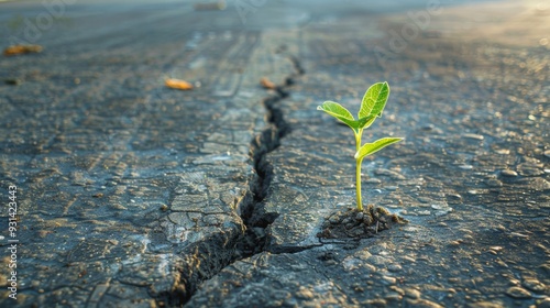 A tiny green plant grows out of a crack in the asphalt road. Environmental issues, urban sprawl, hope, and a new beginning.